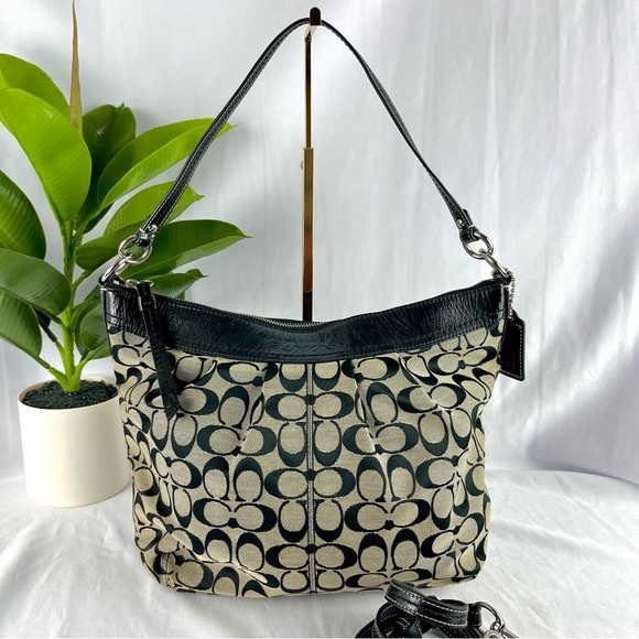 COACH Signature Jacquard Leather Hobo Bag Black Gray Handbag Purse F13744 - Picture 1 of 14